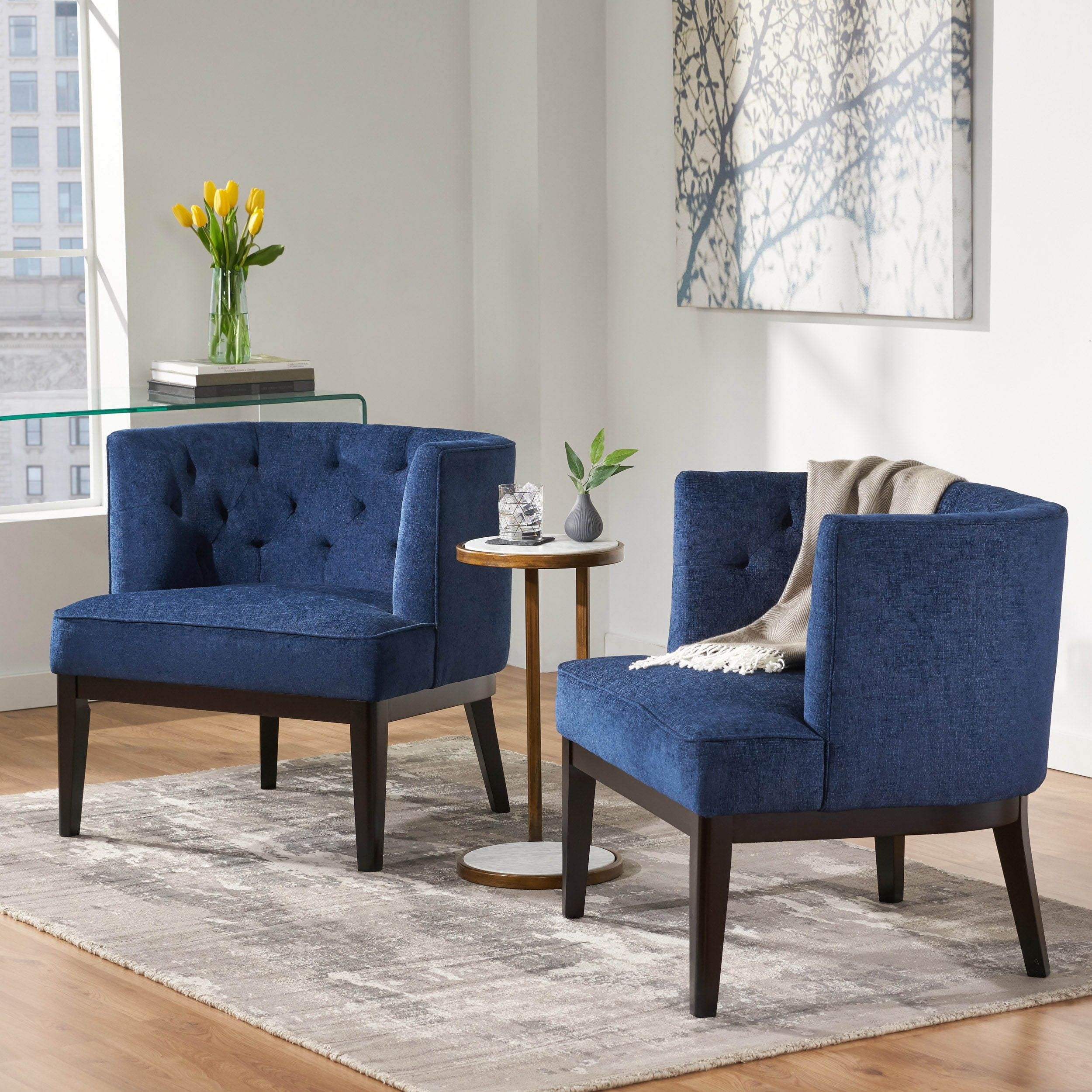 Noble House Suncook Fabric Tufted Accent Chairs, Set of 2, Navy Blue and Dark Brown