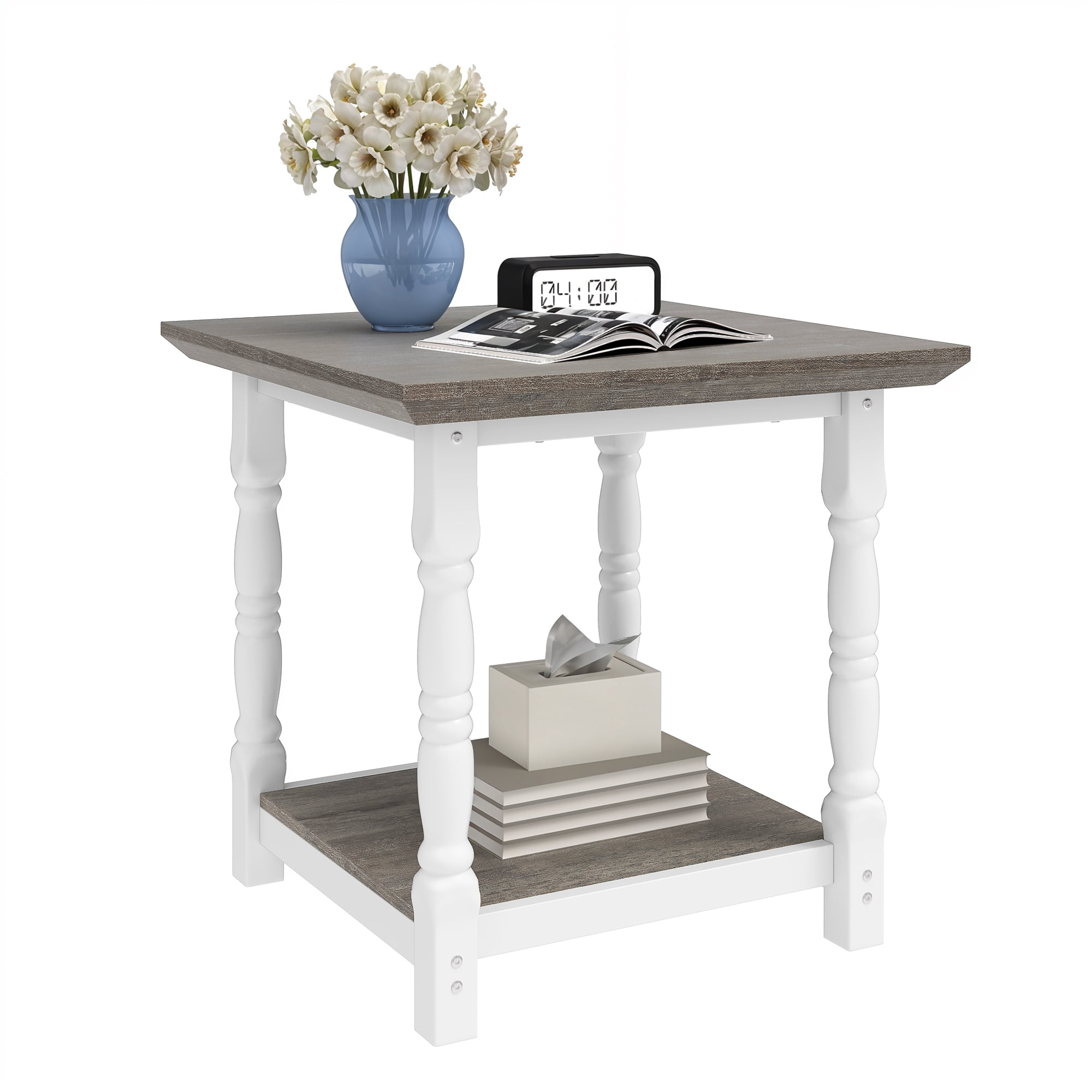 Uforic Roman-Style End Table with Metal Legs, 23.6" Square Side Table with Shelf, White & Gray
