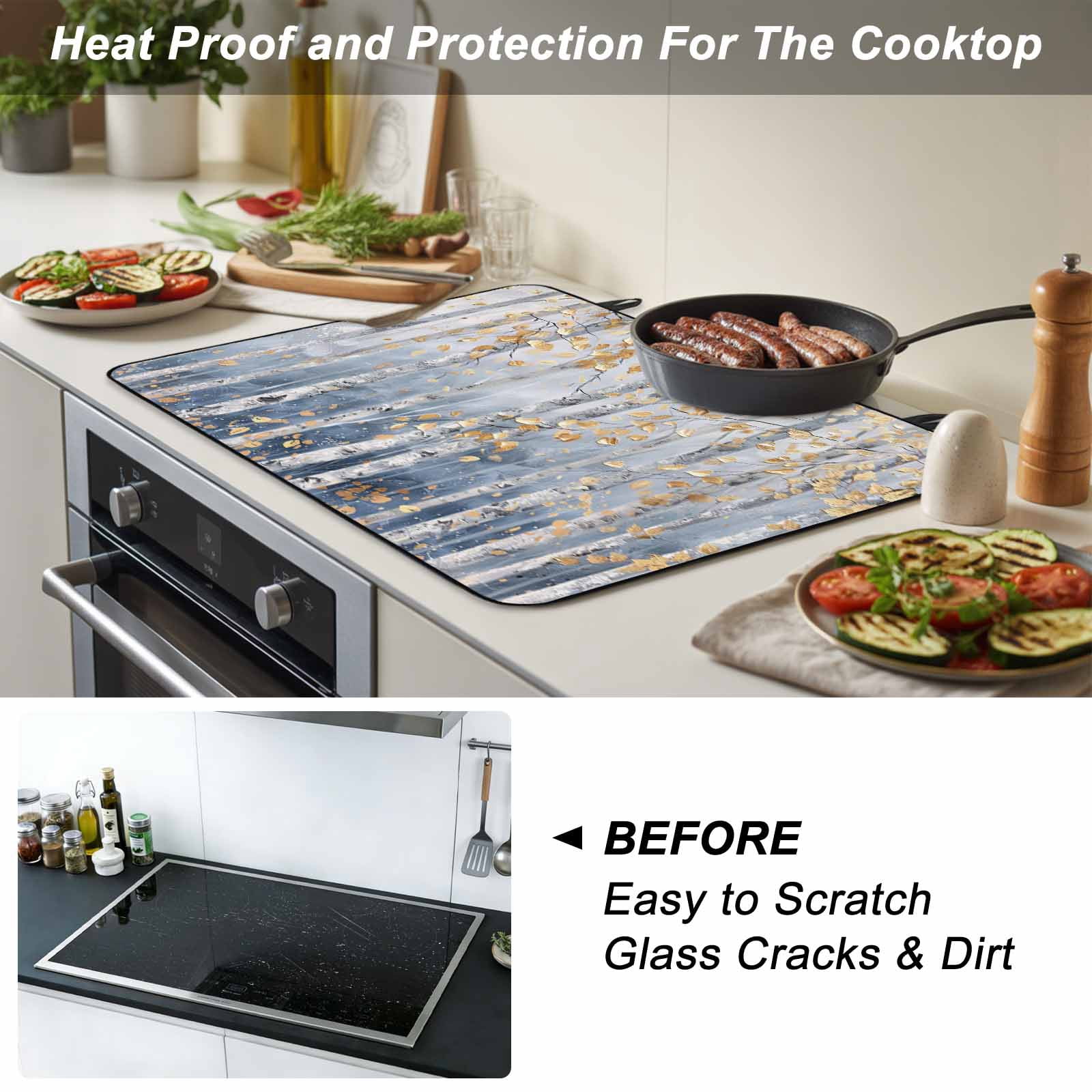 Yellow Blue Forest Stove Top Cover for Electric Stove, Heat-proof & Non Slip Glass Top Stove Cover Protector, Modern Oil Painting Art Kitchen Flat Cooktop Rubber Mat 36x21 Inches