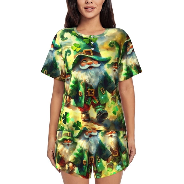 Fotbe st. patrick’s day gnomes Conjunto de Pijama Estampado para Mujer, 2 Piezas, Ropa de Dormir con Camiseta de Manga Corta y Shorts Suaves-Medium