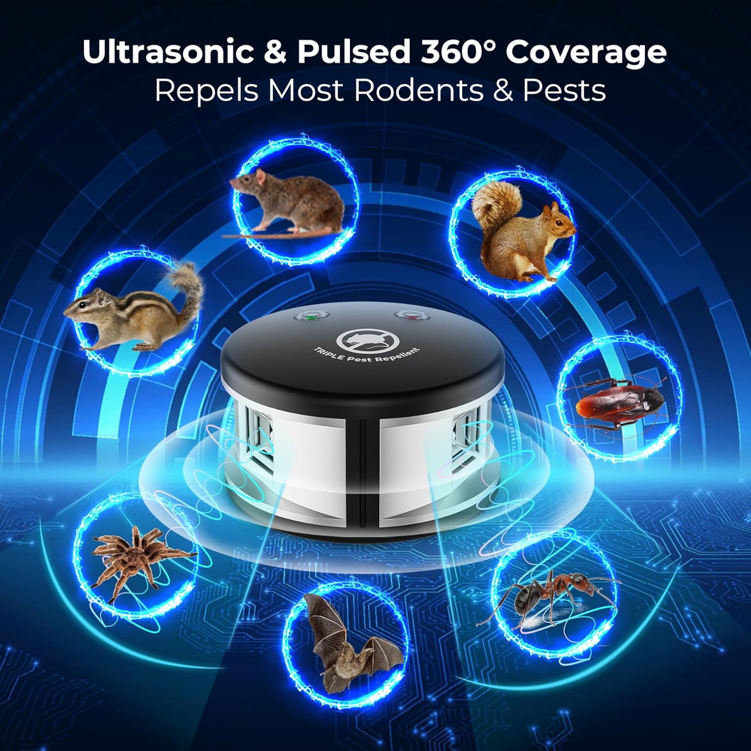 Ultrasonic Rodent Repeler Indoor, 360° Squirrel Repelent Mice Deterrent, 3 Mode Switch with Pressure Wave, Plug in Multiple Pest Deterrent Control, Black