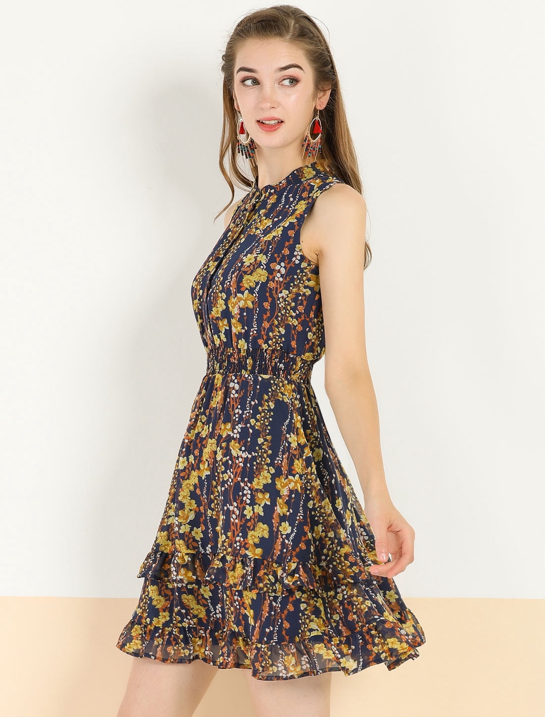 DARING DIVA Women's Floral Chiffon Smocked Mini Sleeveless A-Line Dress 3XL Navy Blue
