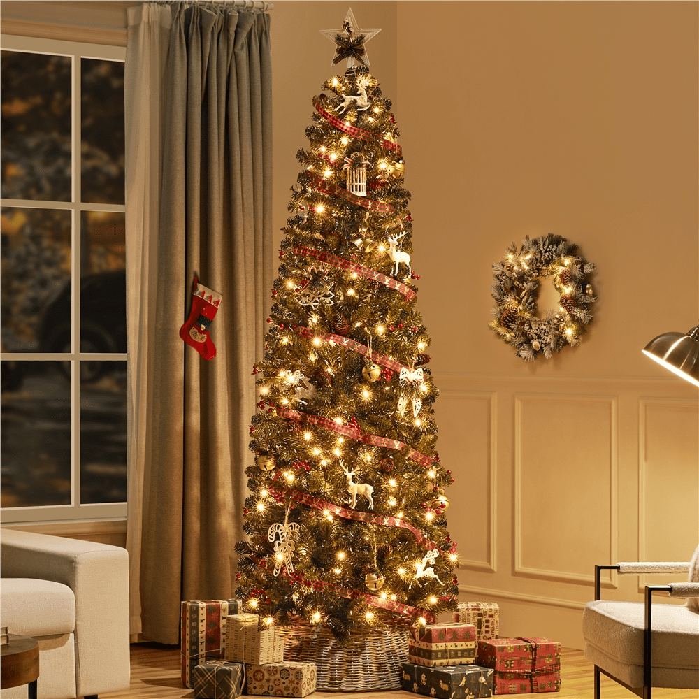 Alden Design 7.5Ft Pre-lit Artificial Christmas Tree with Pinecones & Holly Berries, Green