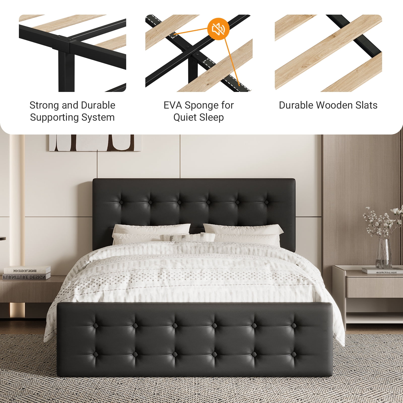 Full/Queen/King Size Upholstered Platform Bed Frame - Adjustable Headboard & 4 Storage Drawers, Button Tufted Design, No Box Spring Needed