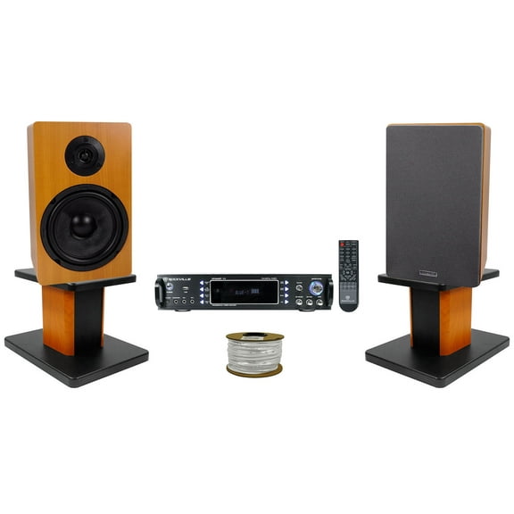 Rockville RPA60BT Receiver (2) 6.5" Wood Bookshelf Speakers 8" Wood Stands   Rockville R14GSBR100 Red/Blk 14 Gauge 100' Ft. Mini Spool Car Audio Speaker Wire
