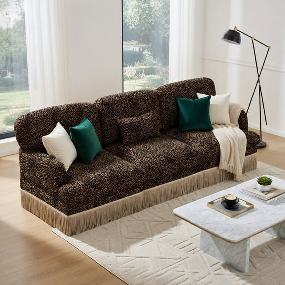 Hommoo 100" Modern Leopard Print Chenille 3-Seat Modular Sectional Sofa with Tassel Trim, Ergonomic Deep Seat & Easy Snap-Together Assembly, Brown