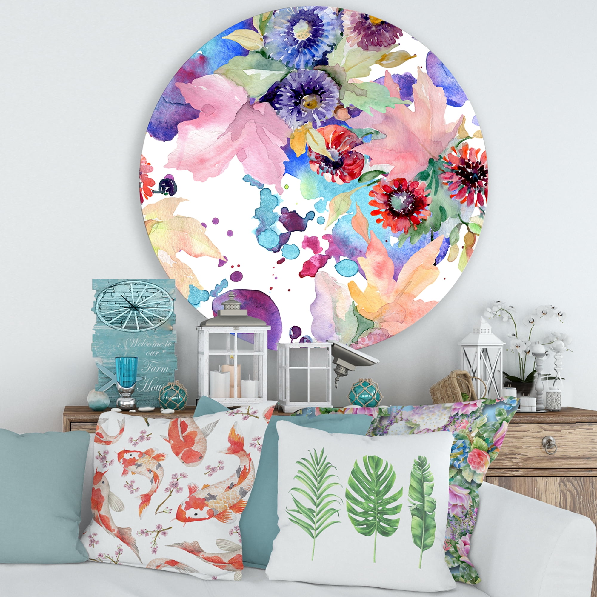 Designart 'Wildflowers and Vibrant Wild Spring Leaves VIII' Modern Circle Metal Wall Art 36x36 - Disc of 36