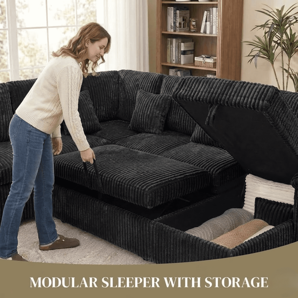 Howcool Modular Sectional Sleeper Sofa with Pull-Out Bed, U-Shaped Convertible 7-Seat Cloud Couch with Storage Chaise & USB Charging, Plush Corduroy Sectional for Living Room,Black