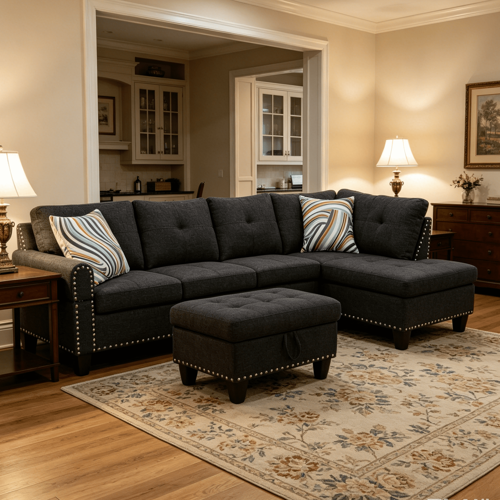 Howcool L-Shape Sectional Sofa with Cup Holders,3-Piece Black Sectional Sofa Couch, Storage Ottoman & 2 Toss Pillows,Nailhead Trim, Right-Facing