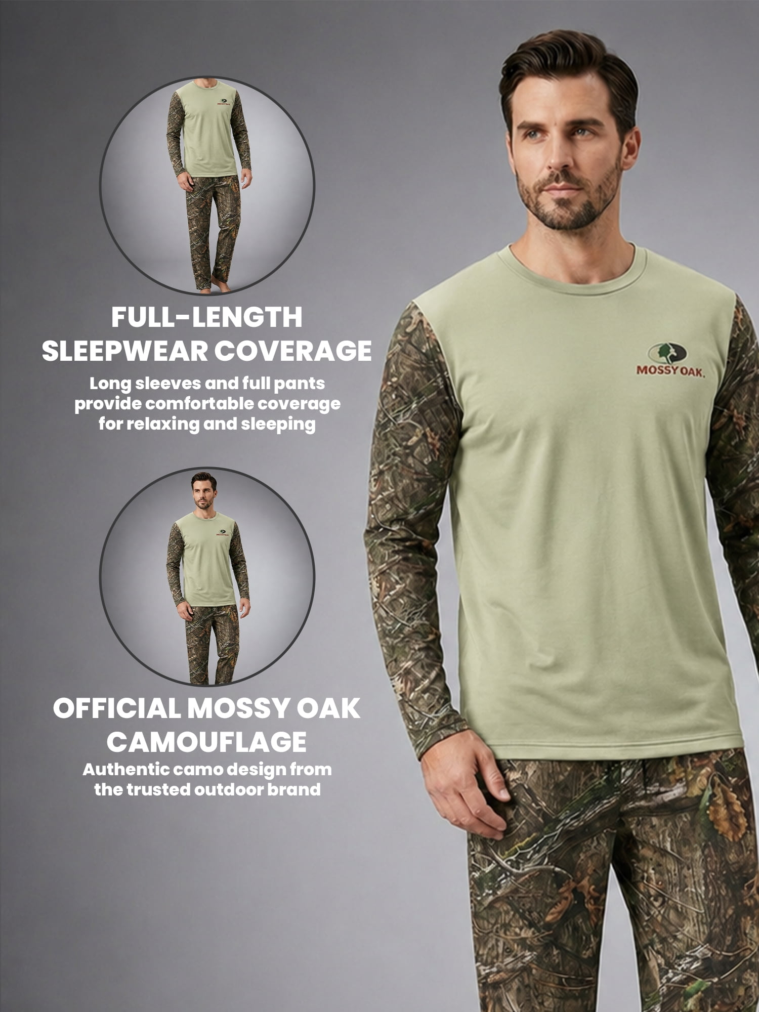 Mossy Oak Men's Pajamas 2-Piece Super Soft Long Sleeve Top and Pant Set, Camo Grey, XL