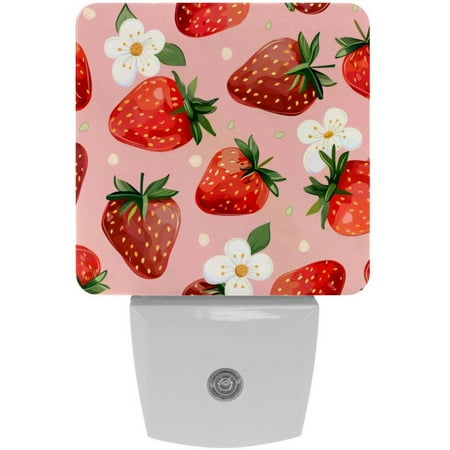 

Strawberries and Cute Flower Pink Background 2 Pack Night Lights Plug Into Wall Decorative With Auto Dusk-To-Dawn Sensor LED Night Light For Kids Adults Rooms Toilet Hallway Stairs