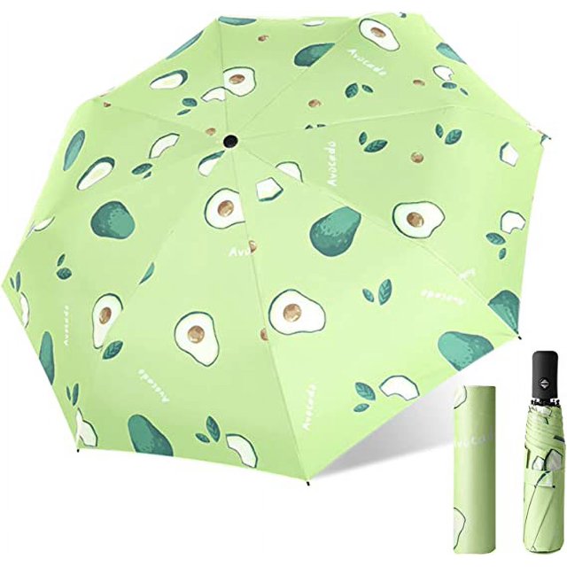 Paraguas compacto con fuerte resistencia al viento (aguacate), paraguas de viaje plegable de 8 varillas, botones de apertura y cierre automático, mango ergonómico para protección UV, paraguas portátil