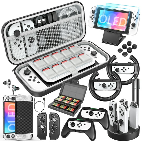 HEYSTOP Switch OLED Accessories for Nintendo Switch OLED Case Bundle,27 in 1 Carry Case for Switch OLED with Protective Cover,Grip Cover,Screen Protector,Game Cards Case,Grip Charge Dock, Black