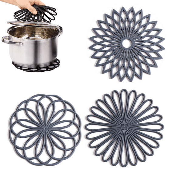 Set of 3 Silicone Trivet Mat - Hot Pot Holder Hot Pads for Table & Countertop - Trivet for Hot Dishes - Non-Slip & Heat Resistant Modern Kitchen Hot Pads for Pots & Pans,Grey