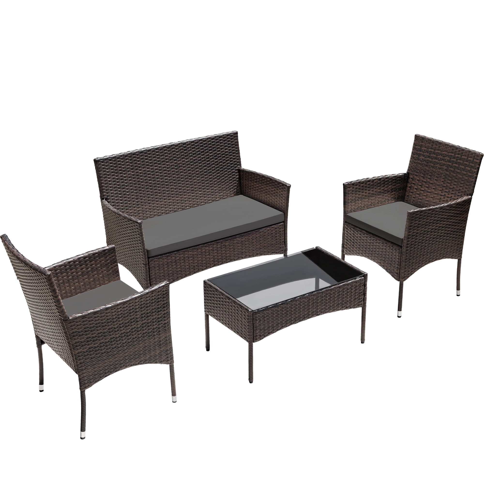 Lacoo 4 Pieces Outdoor Brown PE Rattan Wicker Table and Chairs Set Balcony Tempered Glass,Gray