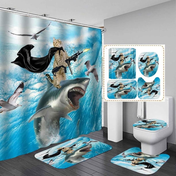 Juego de 4 cortinas de ducha con diseño de gato negro divertido con alfombras, cortina de ducha de tela blanca impermeable, decoración de baño para amantes de los gatos con forma de pata de gatito,