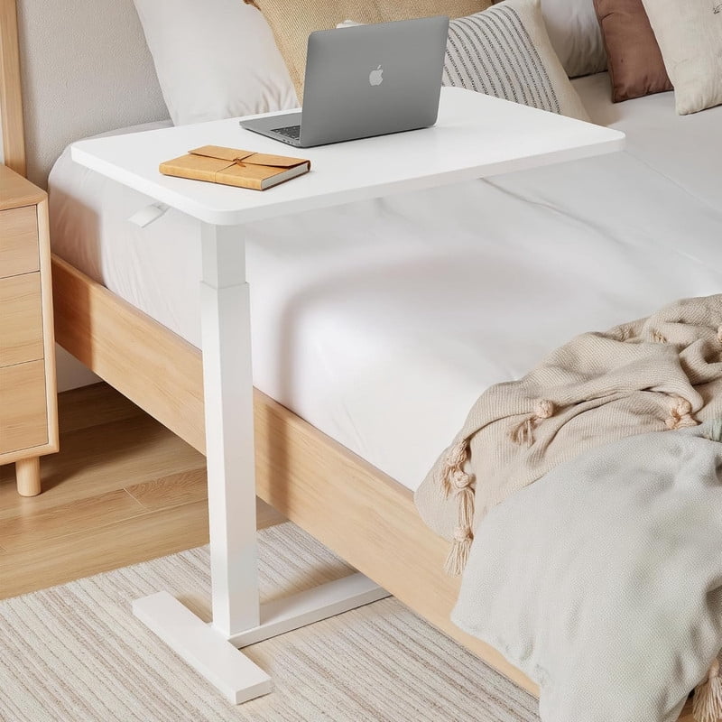 Kelno Overbed Bedside Table Adjustable Height Rolling Mobile Standing Laptop Desk, White