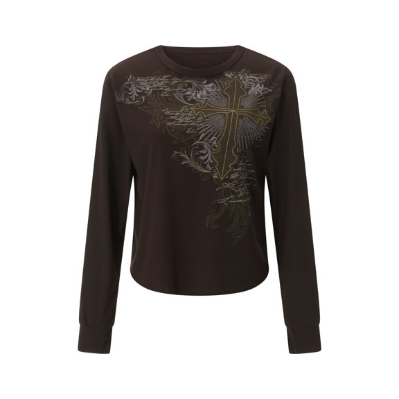 Douhoow Women Gothic Tops Retro Long Sleeve Cross Print Tee Shirts