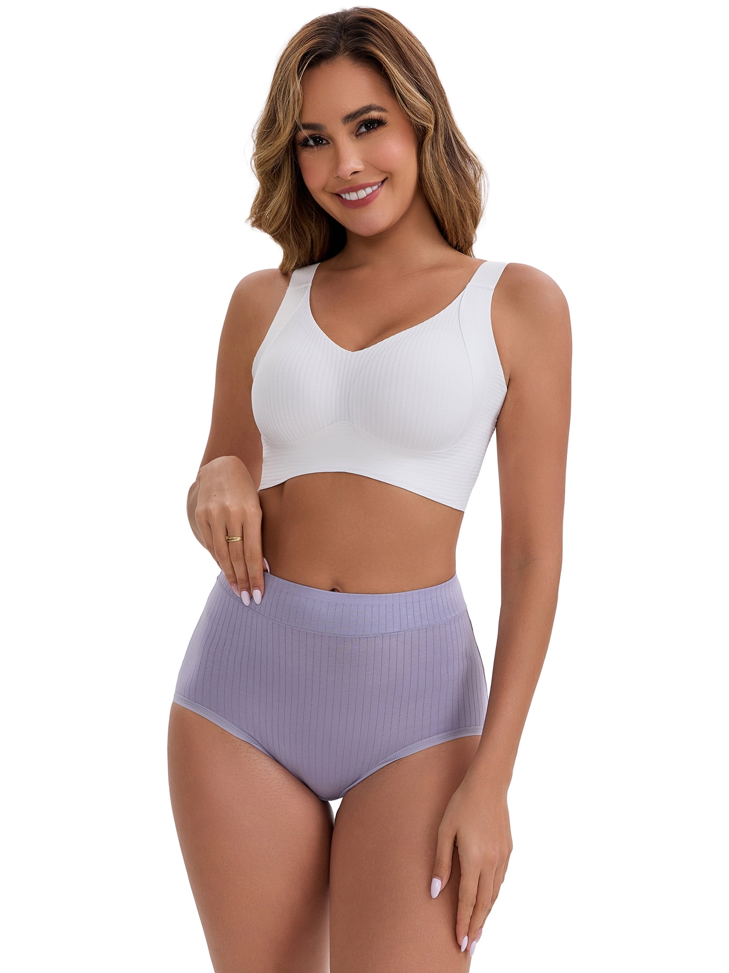 DARING DIVA Women's High-Waisted Cotton Underwear Briefs 3 Pcs L Purple, Pink, Gray