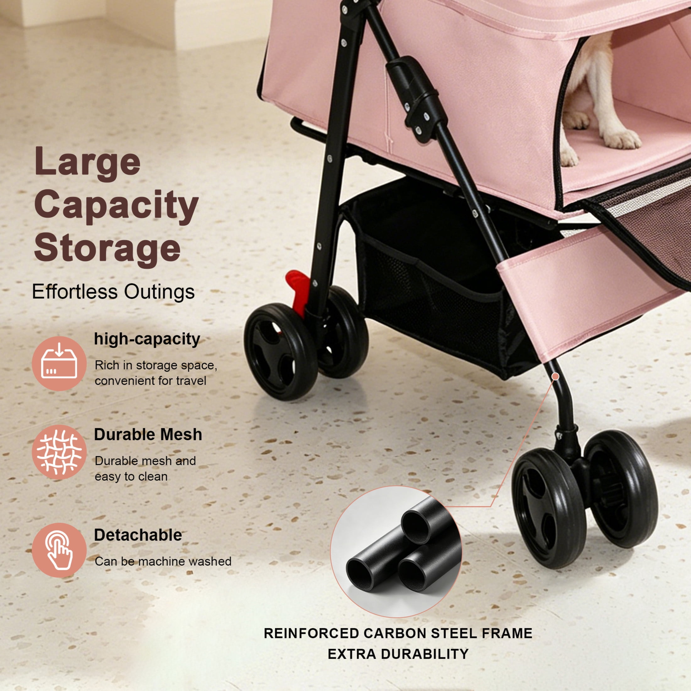 Noble House Foldable Pet Stroller for Small Dogs & Cats up to 28 lbs with Storage Basket, Pink