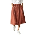 thumbnail image 2 of PBFRDSJ Cotton Linen Skirt for Women Elastic Waist Button Front Vintage Stretch A-Line Flared Casual Midi Skirts Peasant Trendy Skater with Pockets, 2 of 9