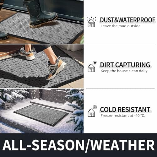 Heavy Duty Waterproof Non-Slip Rubber Doormat for Outdoor Entrance, Garage, Patio or Indoor Use, 29.5x17 Inches, Grey