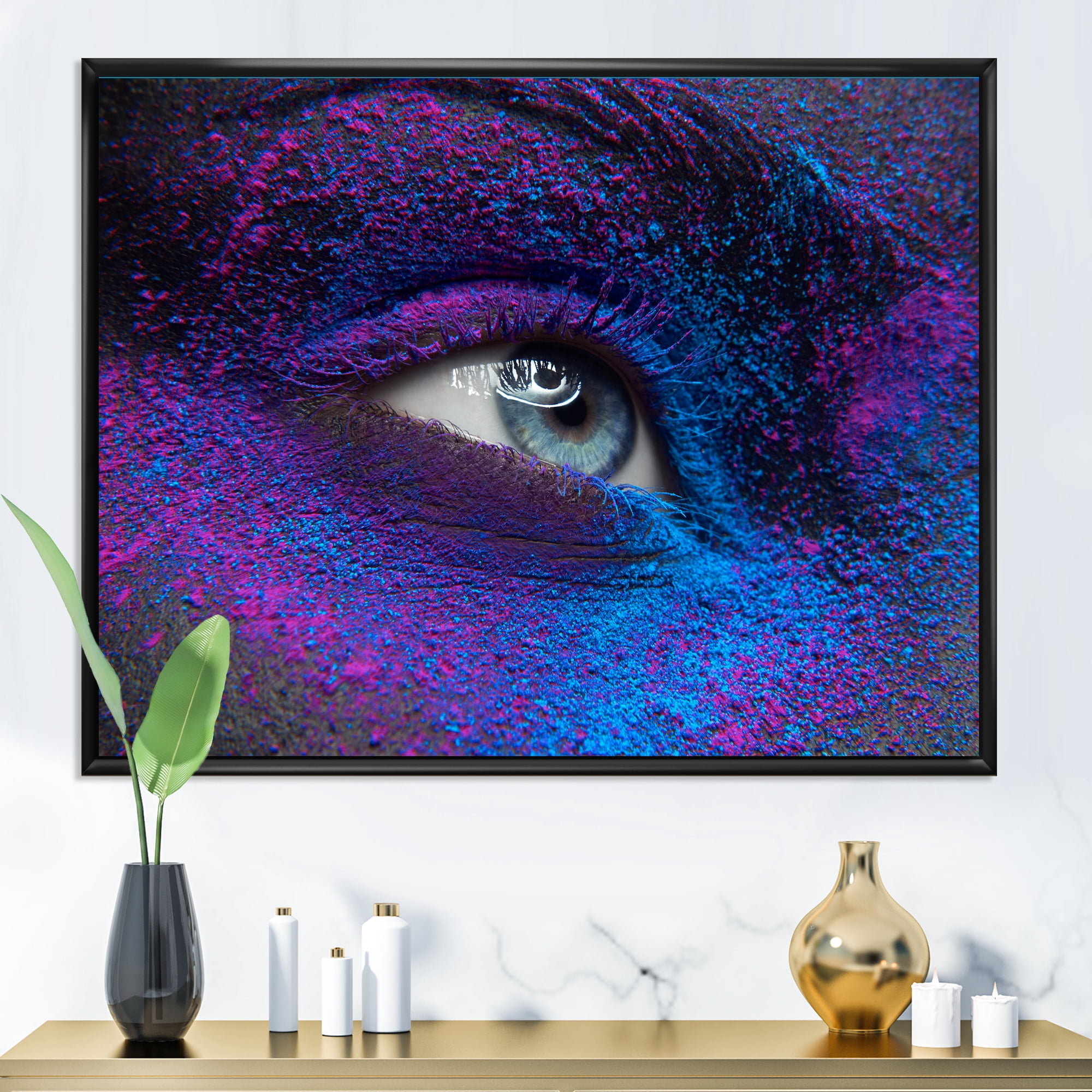 Designart 'Woman Eye With Dry Paint Dust Pigment On Face' Modern Framed Canvas Wall Art Print