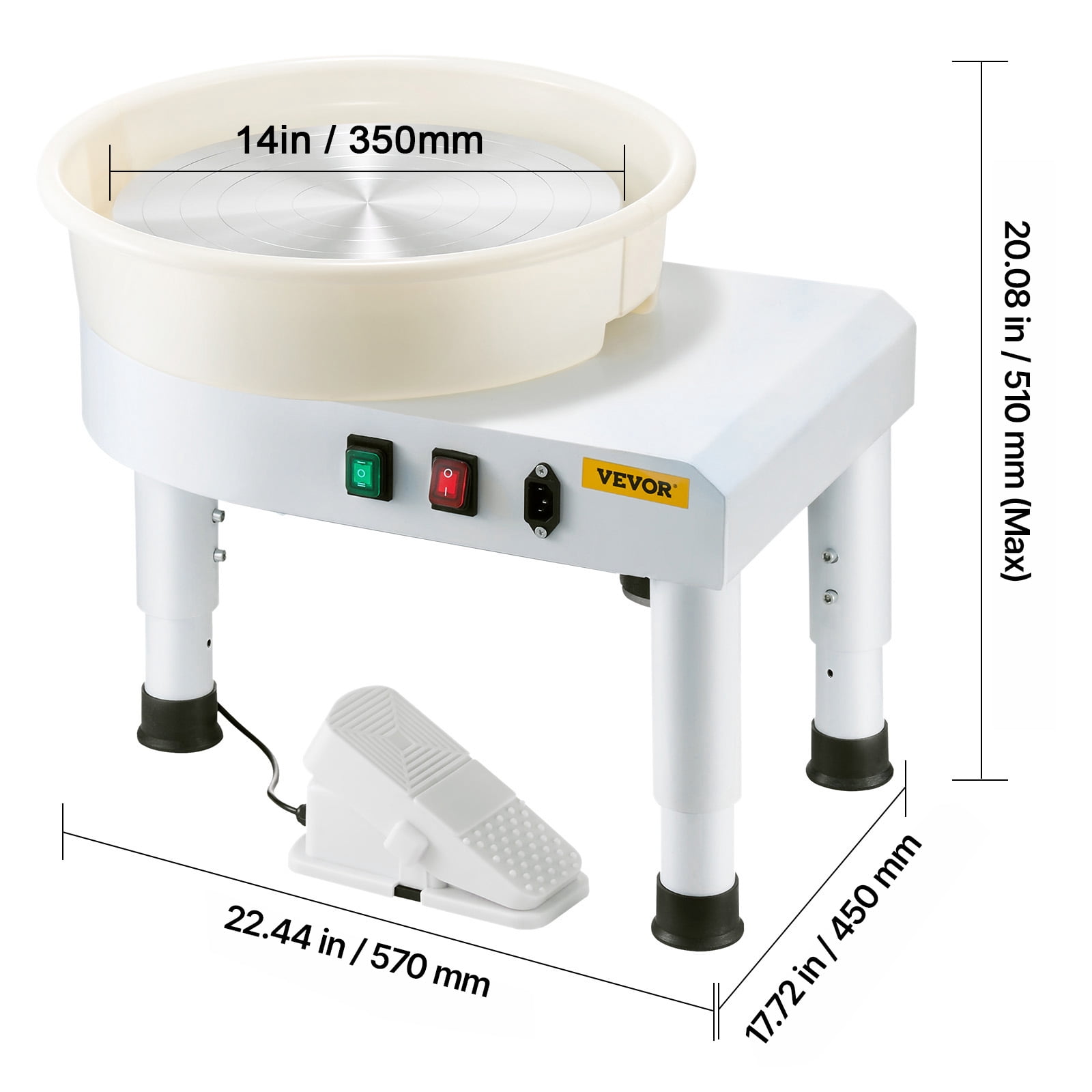 VEVOR Pottery Wheel, 14 in Ceramic Wheel Forming Machine, 60-300 RPM Adjustable Speed with Foot Pedal Control, Detachable Basin, Adjustable Lift Leg, Complete Accessories for Home Pottery, DIY, White