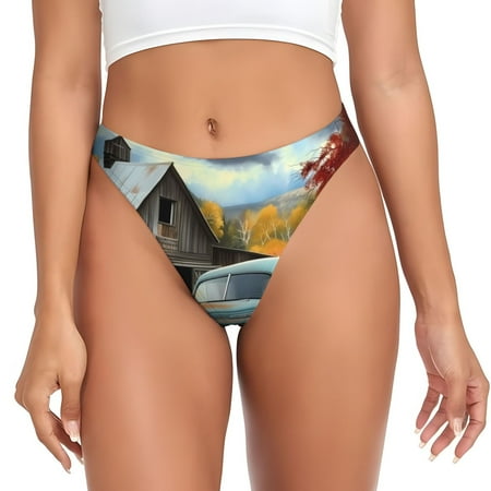 Qokaie Vintage Truck Farm Scene Printed Women s Cotton Thong Underwear  Sexy Breathable Panties G-string-X-Small
