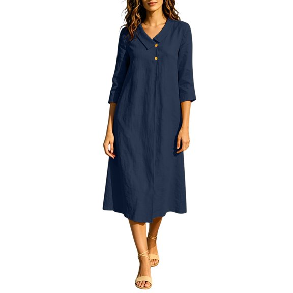 Guieoi Cotton-Linen Dresses for Women Solid-Color Collared 3/4-Sleeve Dress with Pockets Blue S