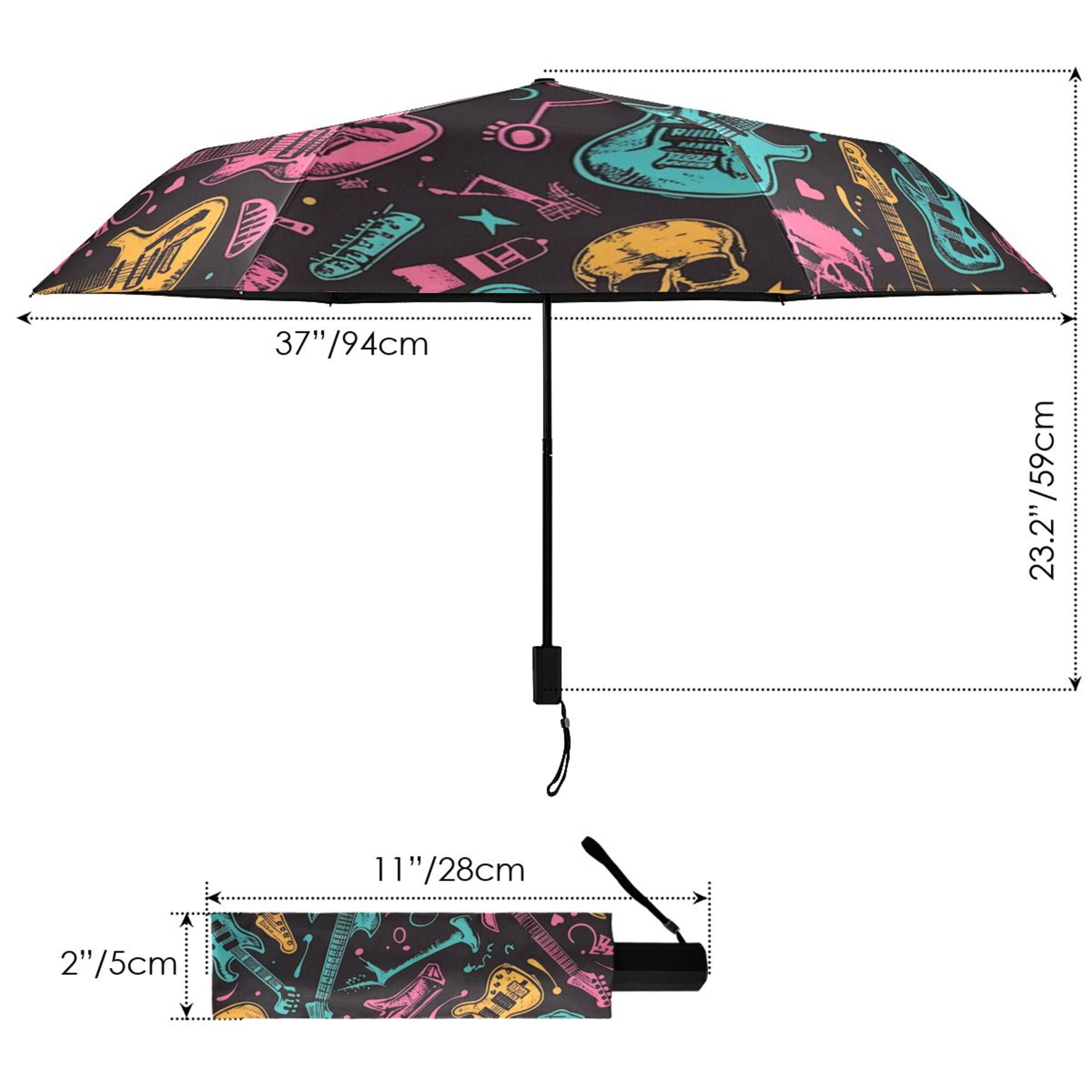 ALAZA Skull and Guitars UPF 50+ Compact Folding Umbrella for Rain Travel Umbrella Packable
