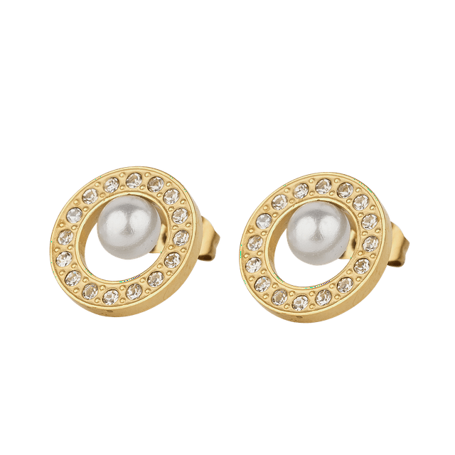 Aretes de Oro 14k para Mujer LuckyLy con Perlas y Zirconia Cúbica Base de Acero Inoxidable Modelo Emy dorado Unitalla