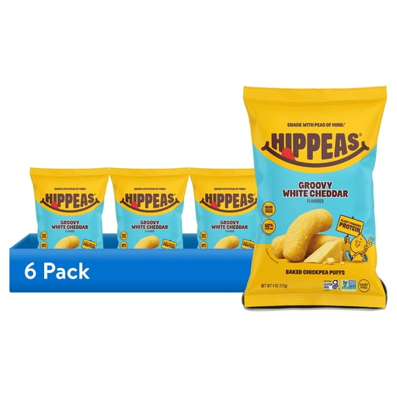 (6 pack) HIPPEAS Chickpea Puffs, Groovy White Cheddar, Gluten Free, Dairy Free, 4g Protein, 3g Fiber, 4 oz