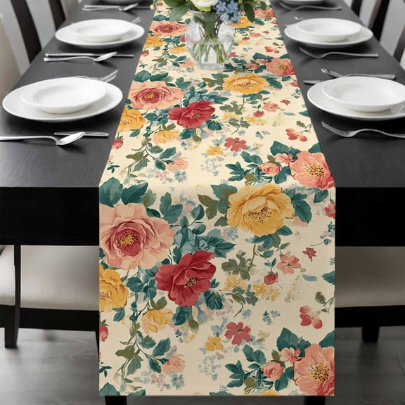 Vintage Spring Floral Table Runner 72 Inches Long, Watercolor Farmhouse Botanical Kitchen Coffee Dining Table Decoration for Home Party Birthday Wedding Home Decor 18x72 Inches