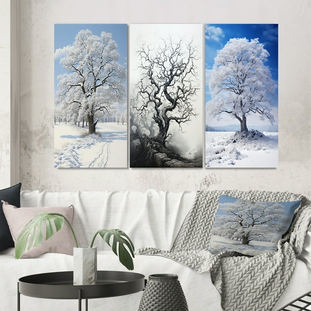 Designart "White Tree Winters beauty" Landscape Trees Wall Art Set Of 3 - White Trees Gallery Set For Office Decor