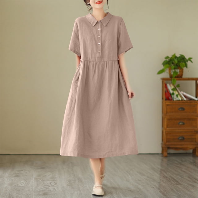 Liquidation d'Été 2025! Robe Grande Taille pour Femmes, Liquidation d'Été pour Femmes, Robes d'Été Décontractées Col Rabattu Manches Courtes Unies pour Femmes