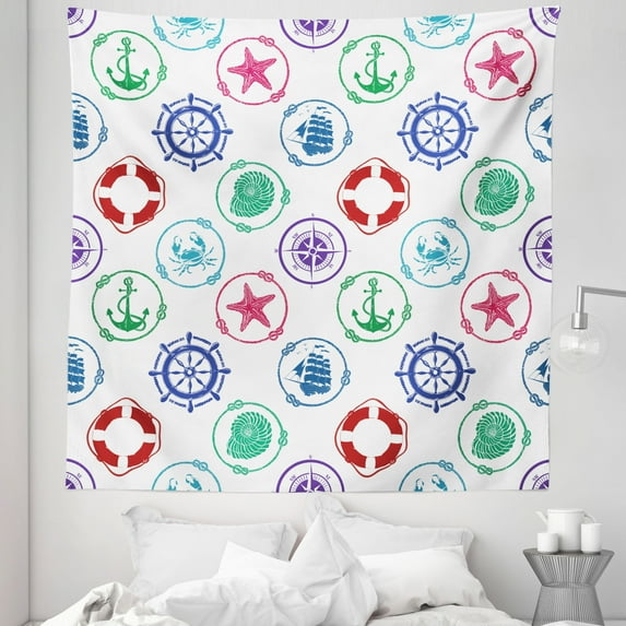 Nautical Tapestry, Marine Pattern with Anchor Wheel Compass Life Ship Starfish Seashell Crab, Fabric Wall Hanging Decor for Bedroom Living Room Dorm, 5 Sizes, Green Red, by Ambesonne