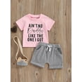 thumbnail image 2 of FEORJGP Kids Baby Girl Daily Summer Outfits Toddler 0-4Y Short Sleeve T-shirt Crew Neck Shirt Letter Print Tops + Rolled Shorts Set Infant Loose Casual 2PcsClothes, 2 of 9