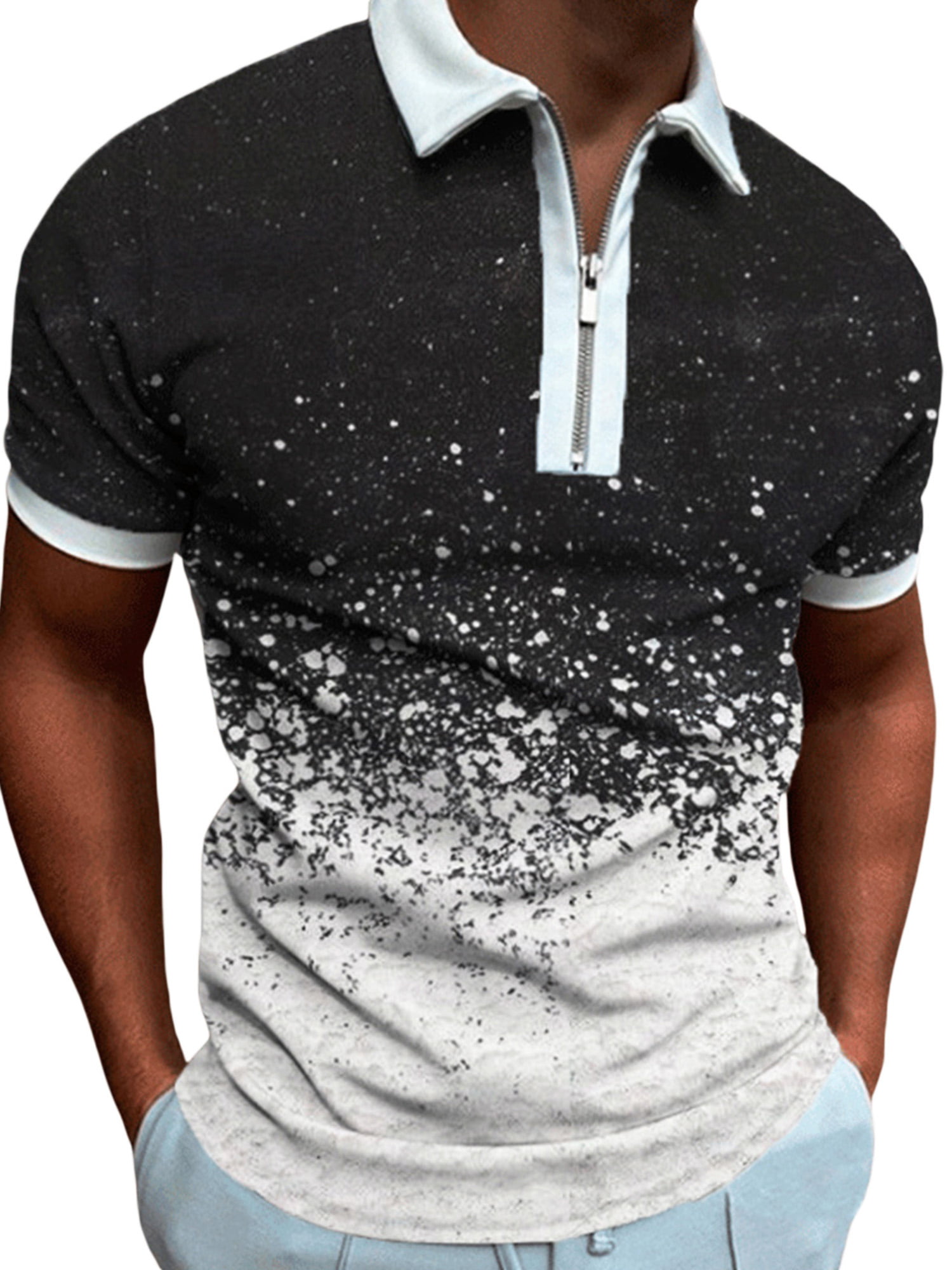 Summer Plus Size Shirts Tops for Fashion Womens Summer Printed Short Sleeve Zipper Lapel Collar T-Shirt Tops 