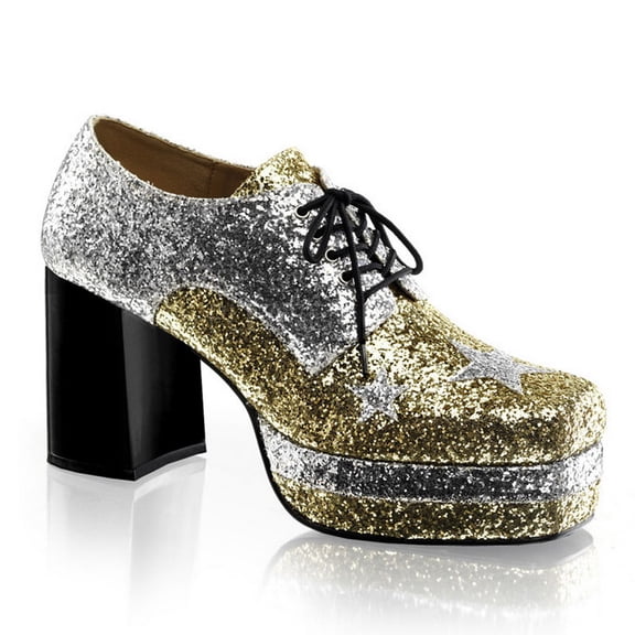 Funtasma GLAMROCK-02 - 3 1/2" Heel, 1 1/2" Stacked Pf, Lace Up Black Glitter Oxford-Slv-Gold Glitter-S