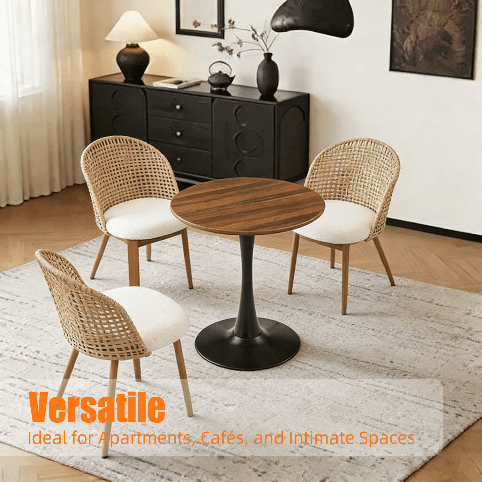 Round Dining Table 24 Inch with Tulip Pedestal Base, Modern Bistro Table and Kitchen Table for Small Spaces, Dark Wood Grain