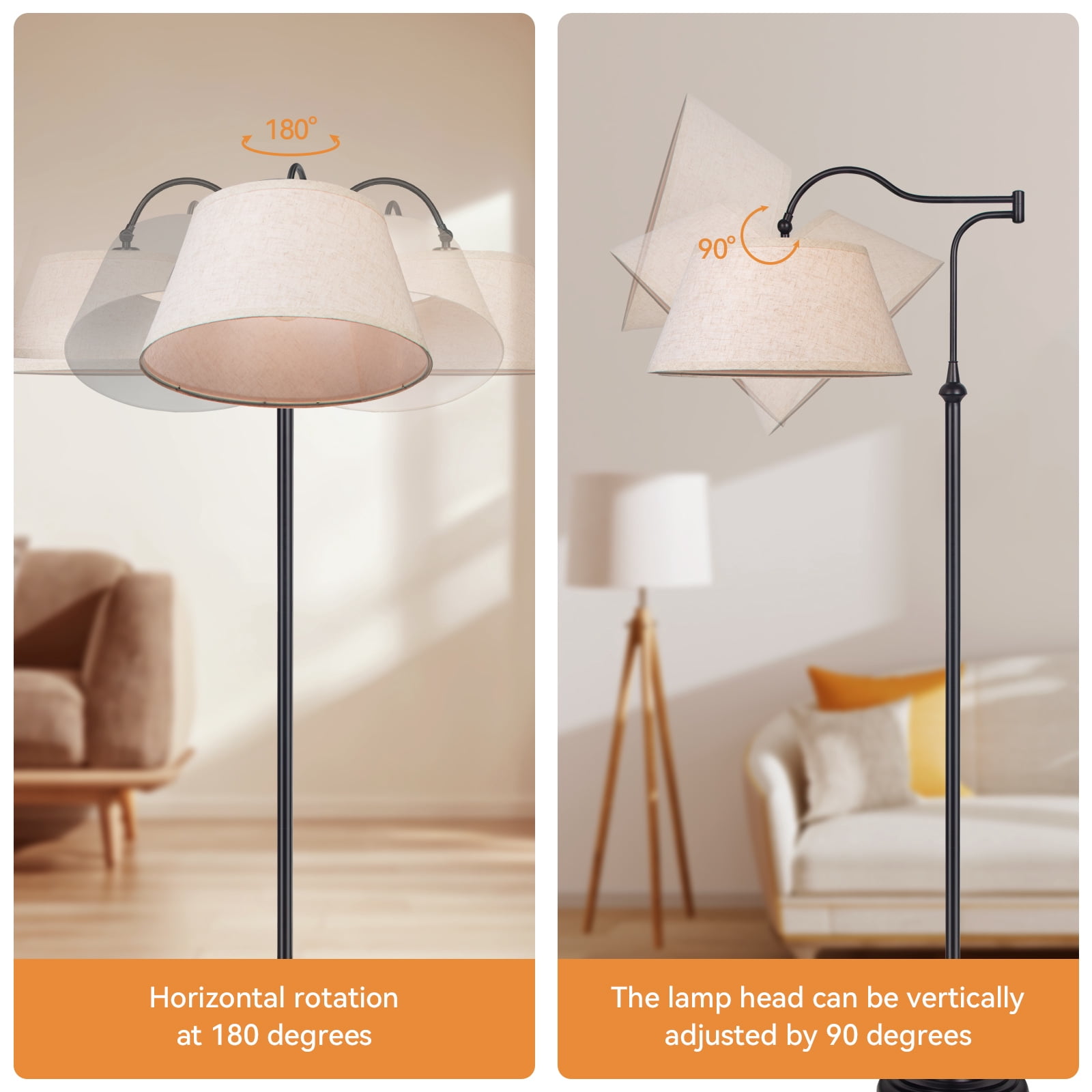 HonoDing Cantilever Floor Lamp, Standing Chandelier Floor Lamp with 180° Adjustable Swing Arm, Modern Floor Lamps with Linen Shade,Classic Lamp for Living Room Office Bedroom Reading(Black)