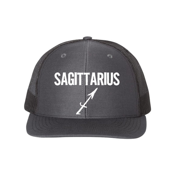 Sagittarius Hat, Sagittarius, Trucker Hat, Adjustable, 10 Different Colors!, Gift For Sagittarius, Horoscope Hat, Astrology Hat, White Text, Charcoal/Black