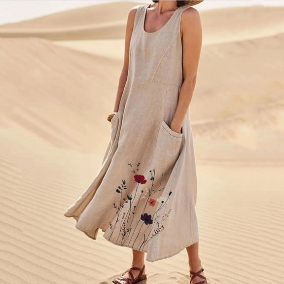 Rciityk Long Dresses for Women Summer Beach Vacation Sleeveless Dresses Plus Size Loose Cotton Linen Round Neck Tank Maxi Dresses with Pockets