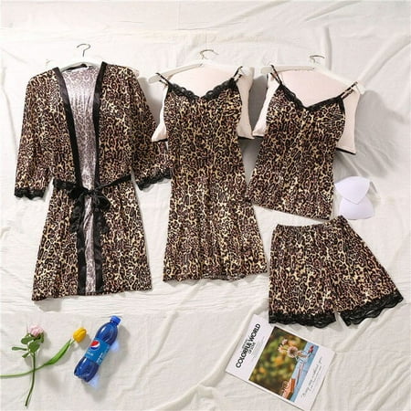 

QWZNDZGR Leopard Sexy Sleepwear Pajamas Women Pyjama V-Neck Home Clothes Suit Sleep Tops Shorts Female Set Nightwear Spring 2021Robe Set