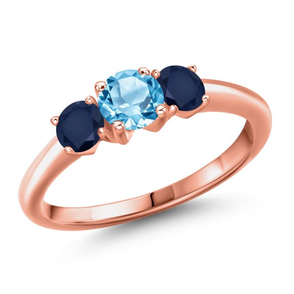 Gem Stone King 18K Rose Gold Plated Silver Swiss Blue Topaz and Blue Sapphire Engagement Ring for Women | 1.35 Cttw | Round 5MM | Gemstone November Birthstone | Size 7