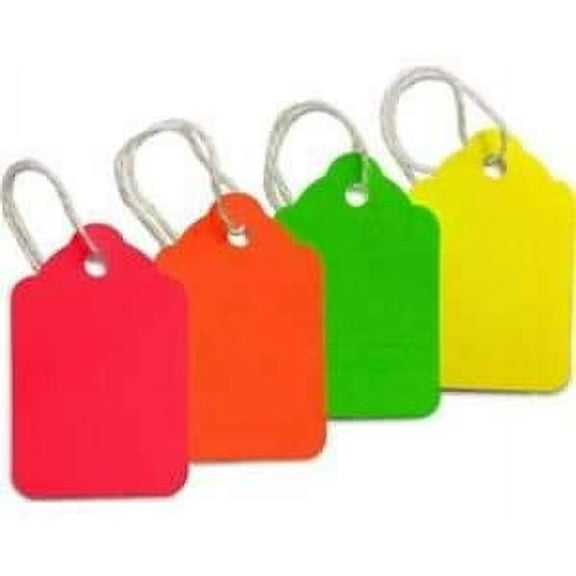 100 Assorted Neon-Color Strung Merchandise Tags, No. 5 (1-3/32" x 1-3/4"), 25 Each of Green, Pink, Red and Yellow by MACO (BB304) - Pack of 100 Tags