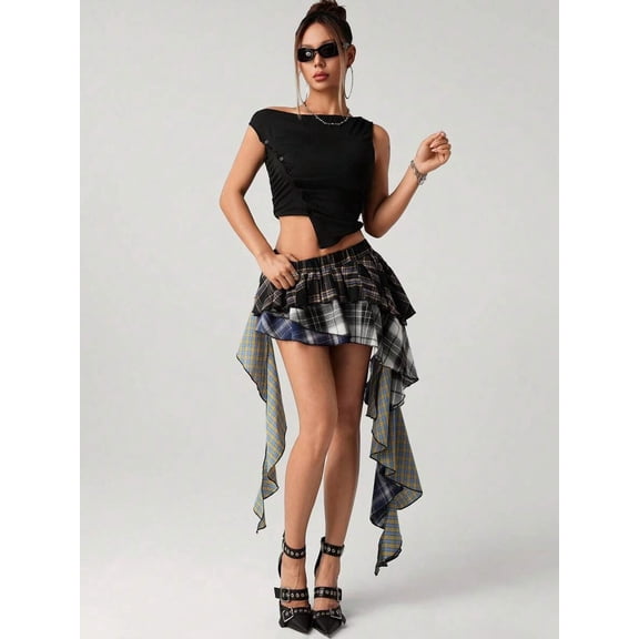 Asymmetrical Hem Plaid Patchwork Skirt In Black And White