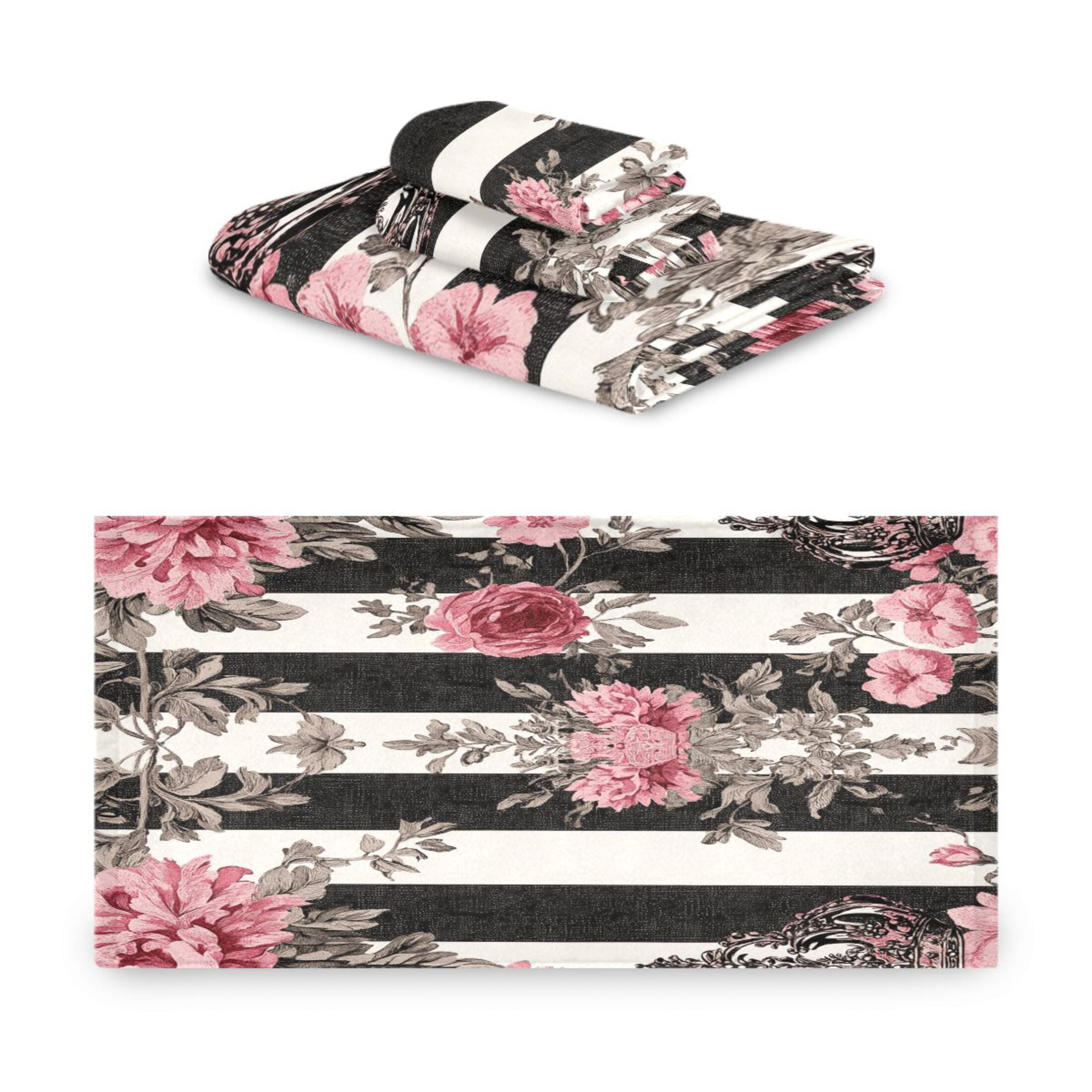 BZSMCE 3piece Bath Towel Sets Hand Bath Towels Fashion Black White Stripes Pink Roses Printed Towel Sets