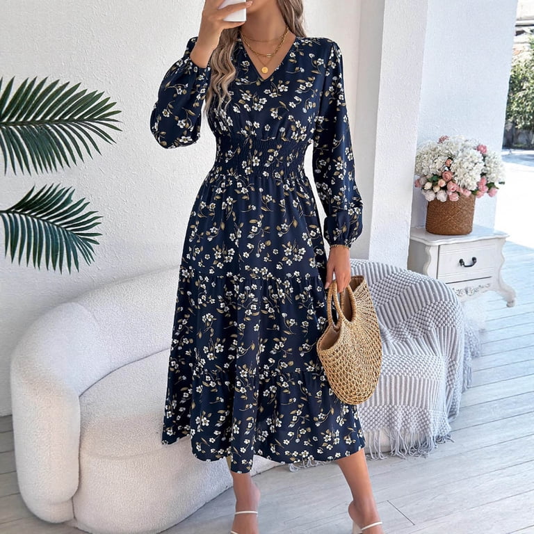 polyester floral dress gljltg Women's Casual Flower Print Tiered Maxi Dress with Pockets, Polyester Spandex Lightweight Breathable Summer Winter, Beach Travel Work Party